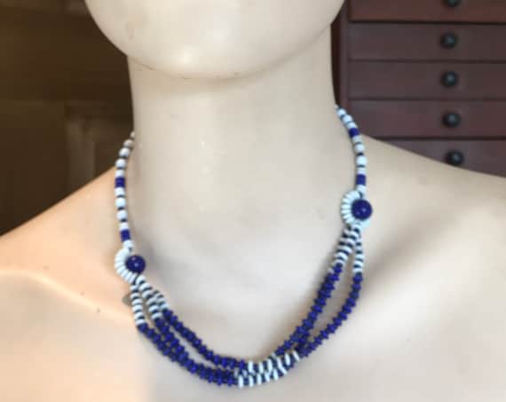 1950s Vintage three stranded navy blue and white glass necklace 17" length