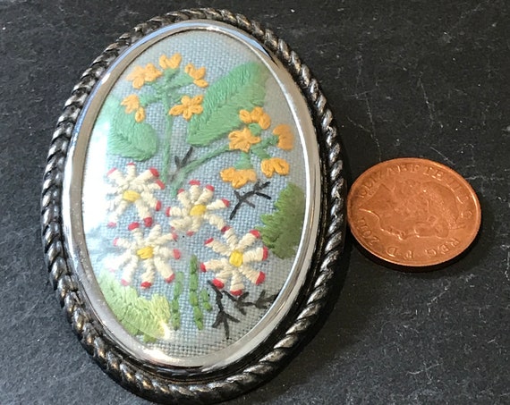 vintage tapestry embroidered flower brooch pin