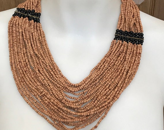 Multi Stranded cork and black glass beaded tribal boho style vintage necklace