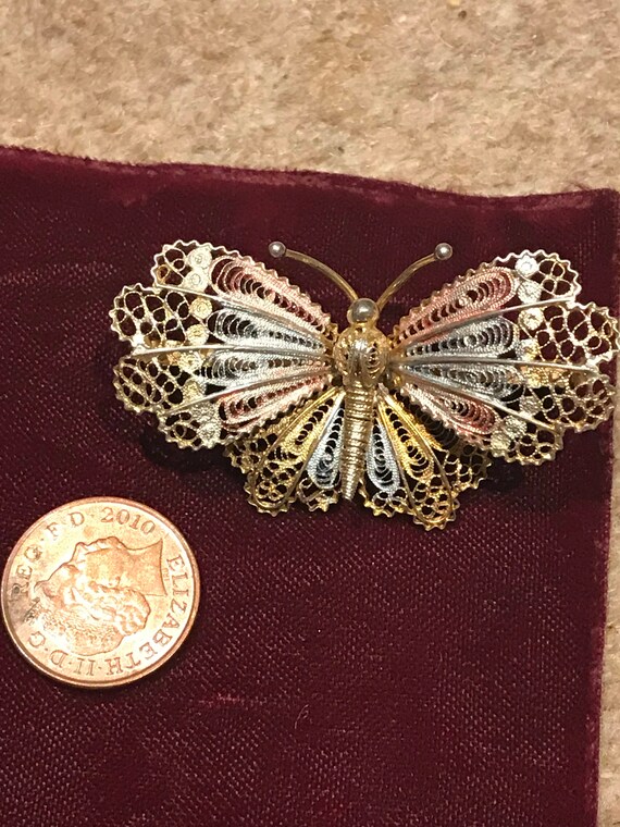 Unique vintage filigree solid silver butterfly brooch pin in pale coloured Enamel