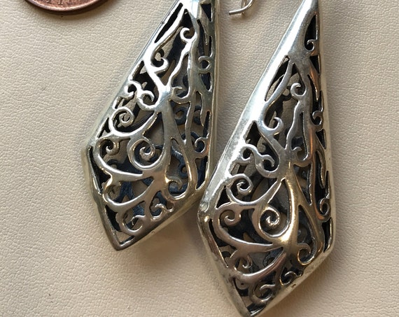Vintage patterned 925 solid Silver long drop dangle earrings