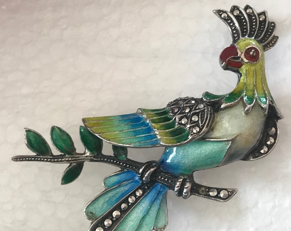 1950s Sterling silver enamelled Marcasite bird brooch/pin
