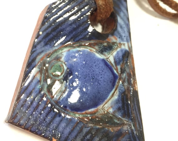 Vintage Abstract glazed ceramic glazed pottery pendant necklace c1960-70s fish design
