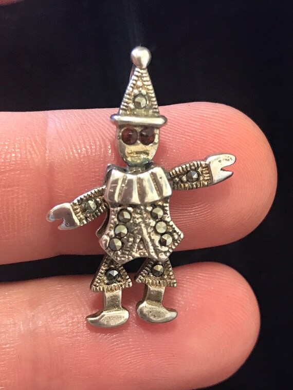 Vintage solid silver dancing clown pendant charm with Marcasites and garnet eyes