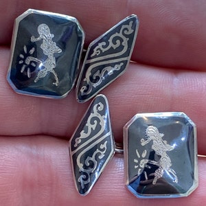 boutons de manchette vintage Siam Sterling Silver Nielloware