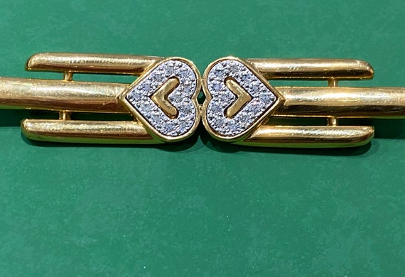 Classic gold plated pave set double hearts long brooch pin by Monet valentines gifts