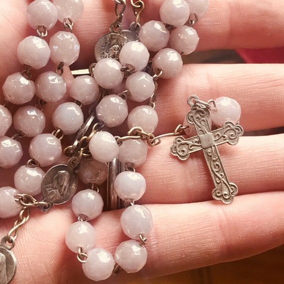Old vintage silver and lilac glass Rosary beads cross necklace