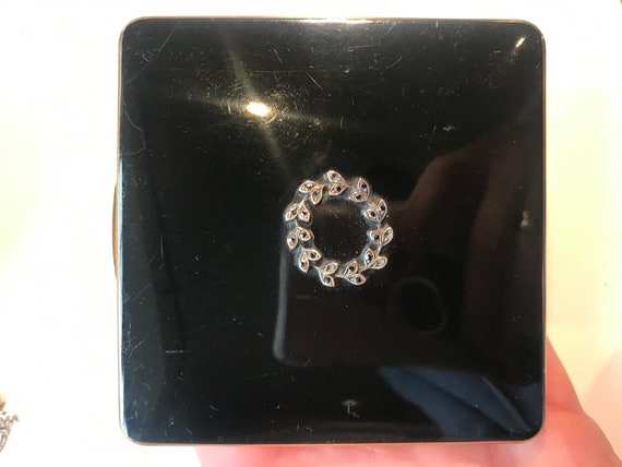 A beautiful vintage enamel and Marcasite square powder compact vanity mirror by KIGU