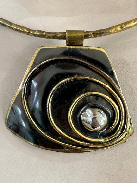 Striking statement piece Brutalist mixed metal copper and Brass Modernist pendant necklace torque style