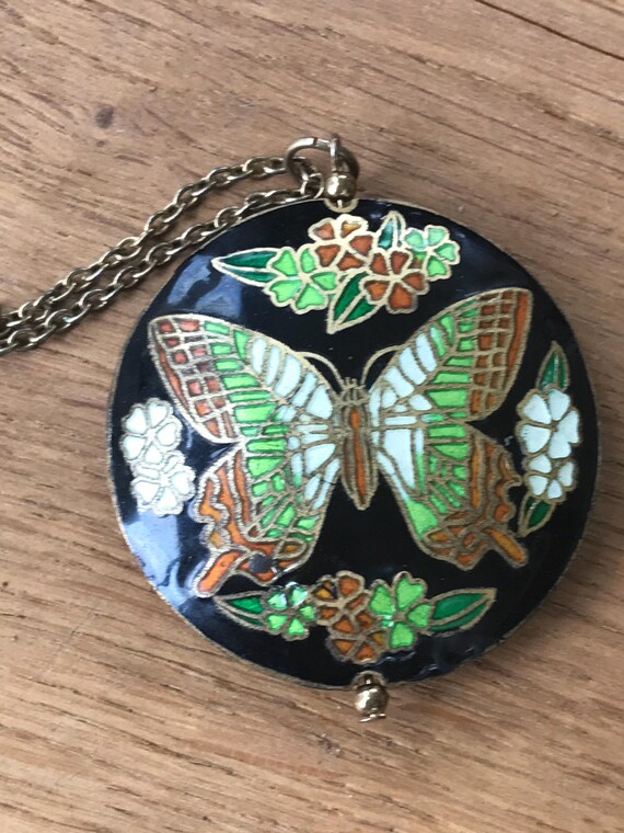 Vintage black cloisonné butterfly Pendant necklace