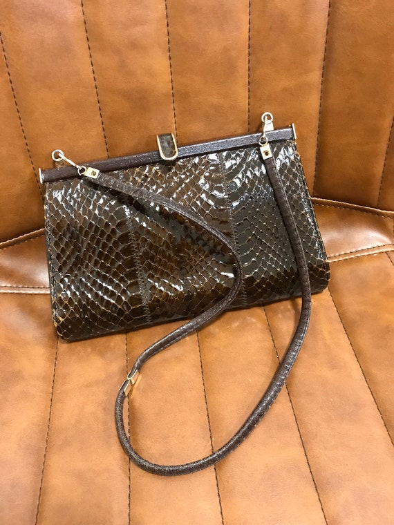 Small vintage dark brown snakeskin shoulder bag by Jane Shilton London