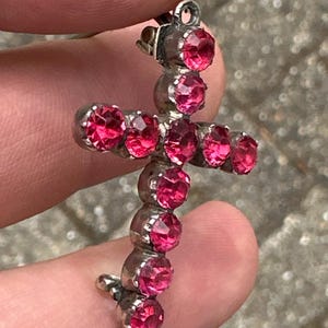Antique silver cross brooch/ pendant pink foil backed raised rhinestones old cut