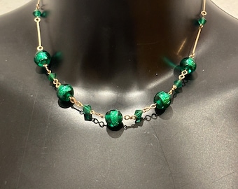Vintage Art Deco Czech Green Foil Glass small Beaded Necklace
