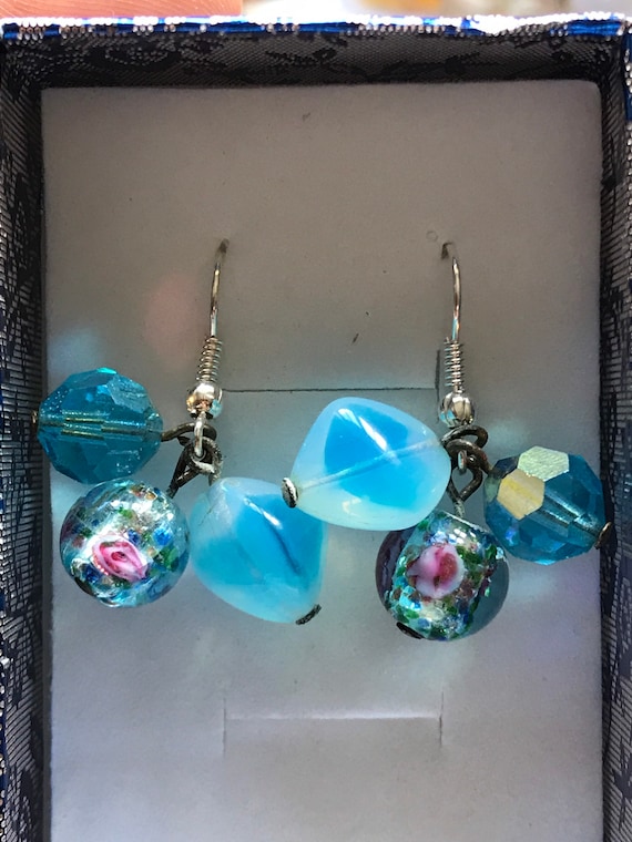 Antique Venetian blue glass beaded drop earrings