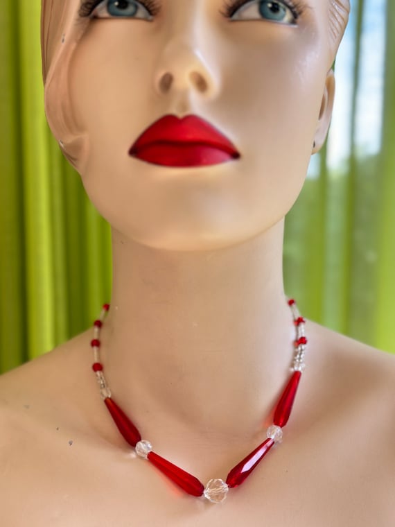 Vintage Art Deco Red Crystal Beaded Choker Necklace (16 inch)