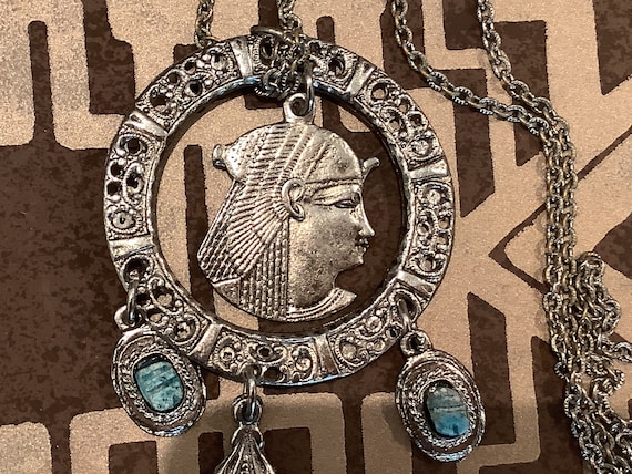 1970s oversized Vintage Egyptian Revival Pharaoh scarab beetle pendant necklace