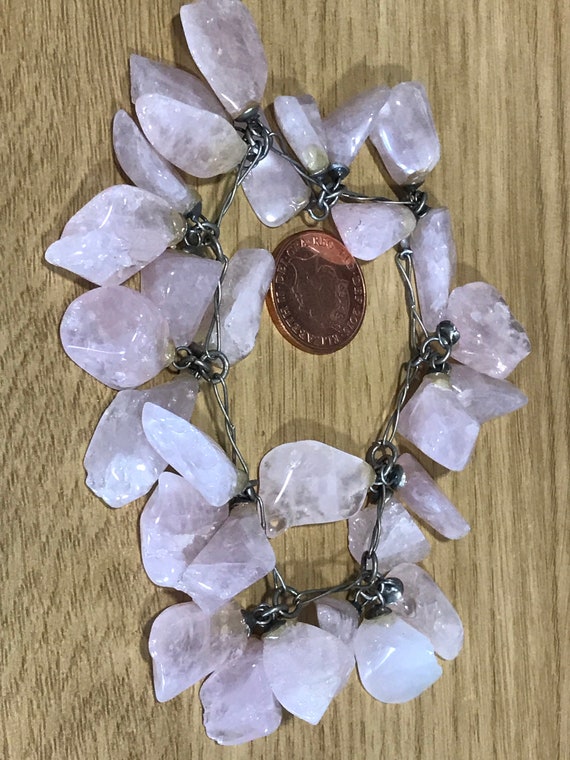 Vintage Rose quartz agate stone chain beaded charm bracelet