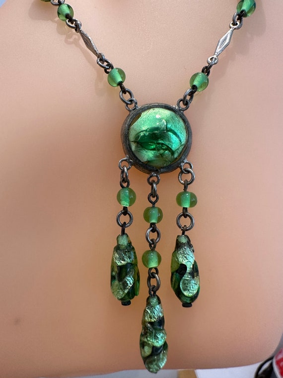 Vintage Czech Green Foil Glass Beaded Pendant Necklace