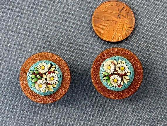 Antique Millefiori Micro Mosaic Daisy Flowers 1900's Handcrafted pair of collar buttons Italian glass collector’s buttons