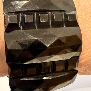 Fabulous Antique Whitby Jet Art Deco Geometric Facetted  beaded panel bracelet
