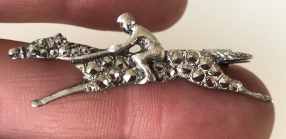 Silver and Marcasite Racehorse with Jockey brooch 1930s Derby Pin