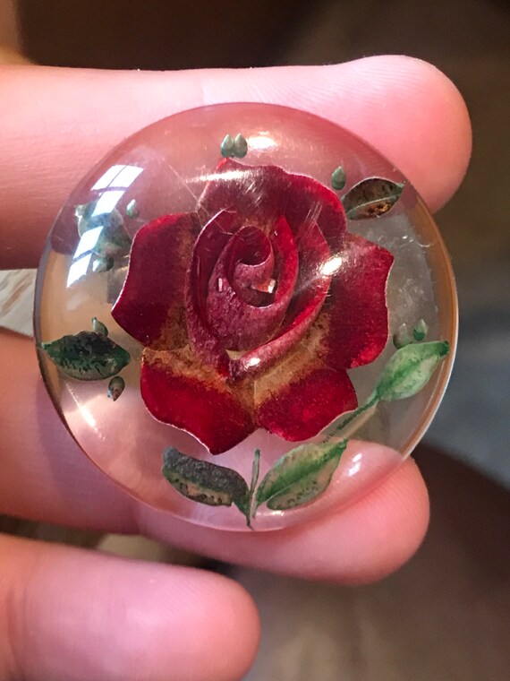 Beautiful reverse carved Lucite floral red rose brooch c1950 Valentines gift