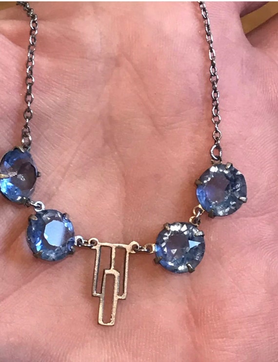 Beautiful authentic Open Backed Blue Crystal Art Deco Chain Silver Toned choker Necklace