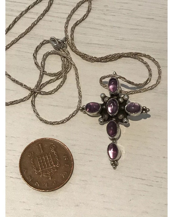Signed Sudha Pennathur Designer Sterling Silver And Amethyst Ornate Cross Necklace