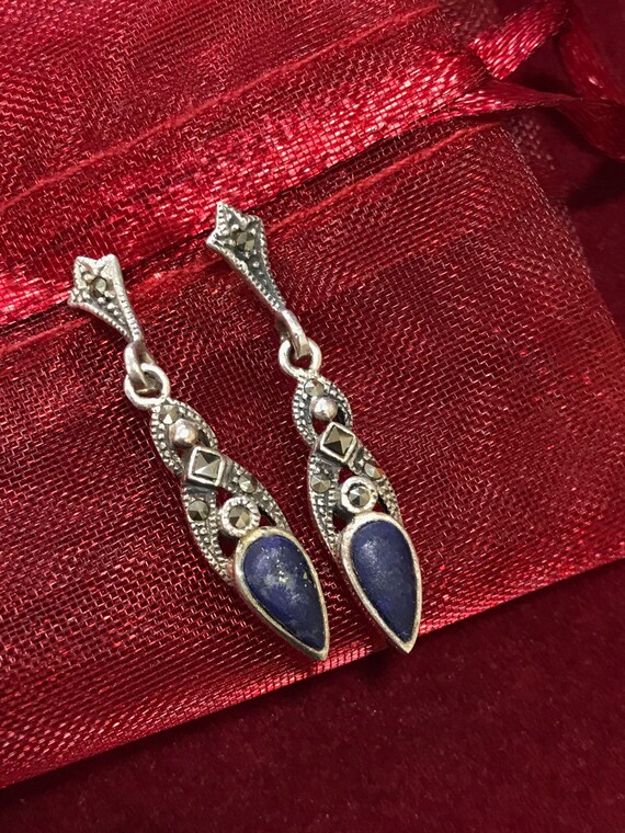 Vintage silver Marcasite and lapis drop earrings