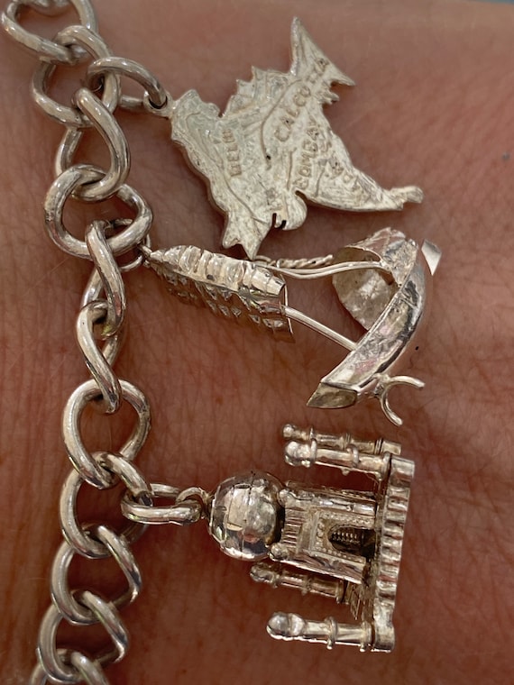 Vintage Sterling Silver Charm Bracelet: 10 Mixed Charms, Travel Theme