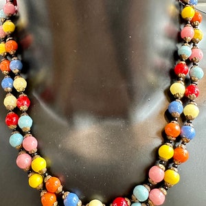 Art Deco Harlequin 1930s beaded glass necklace double stranded multi coloured glass beads