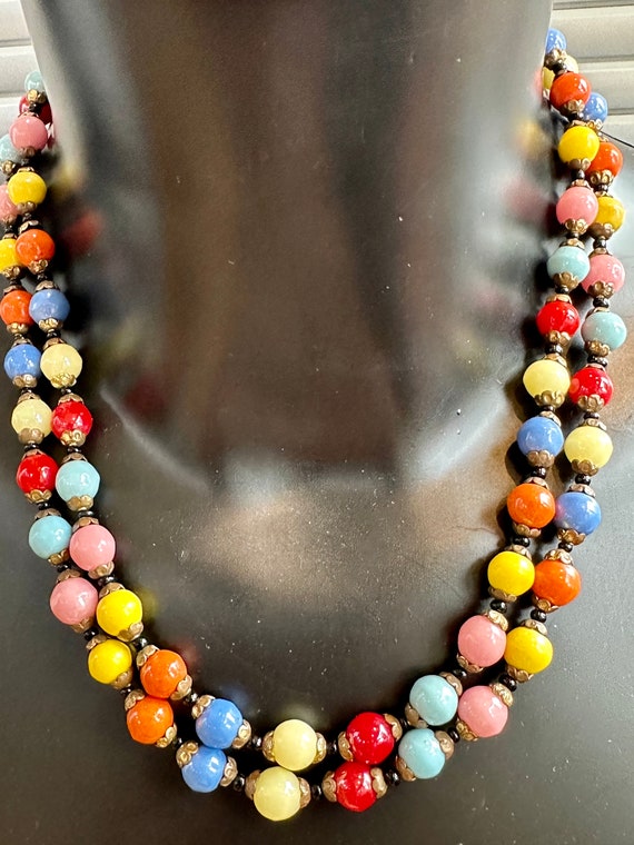 Art Deco Harlequin 1930s beaded glass necklace double stranded multi coloured glass beads