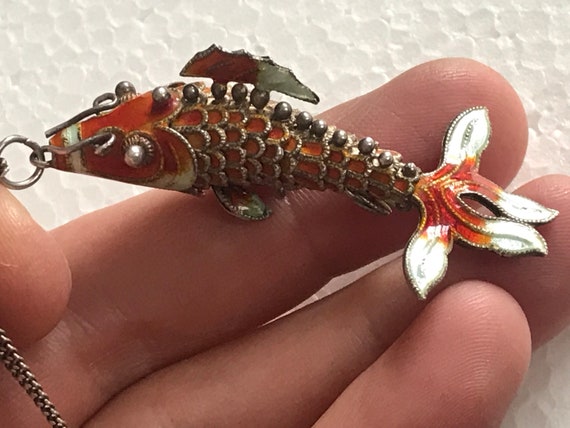 Vintage Sterling Silver orange enamelled Articulated fish pendant Vintage Brooch Chinese