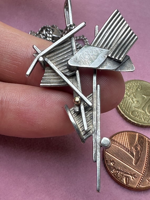 Unique mid century modern brutalist style 835 silver pendant necklace signed piece  Dutch