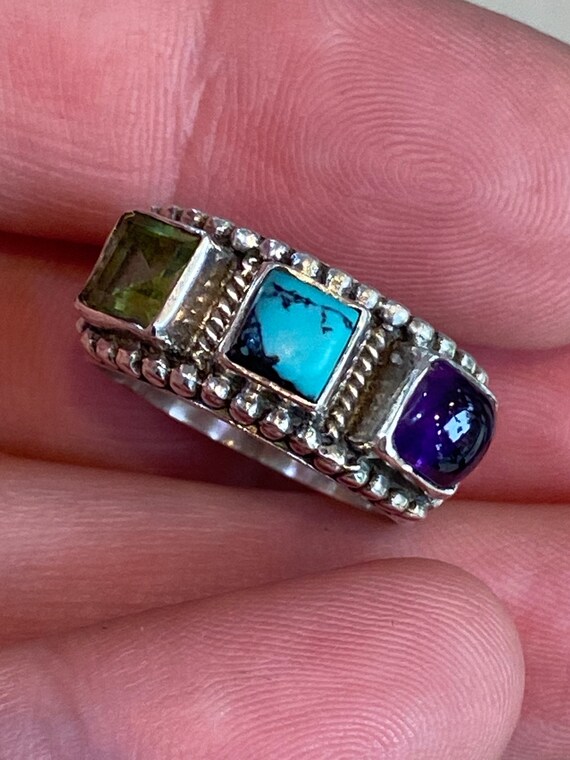 Beautiful south west style solid silver turquoise amethyst and peridot three stone band ring U.K. 0 USA 7