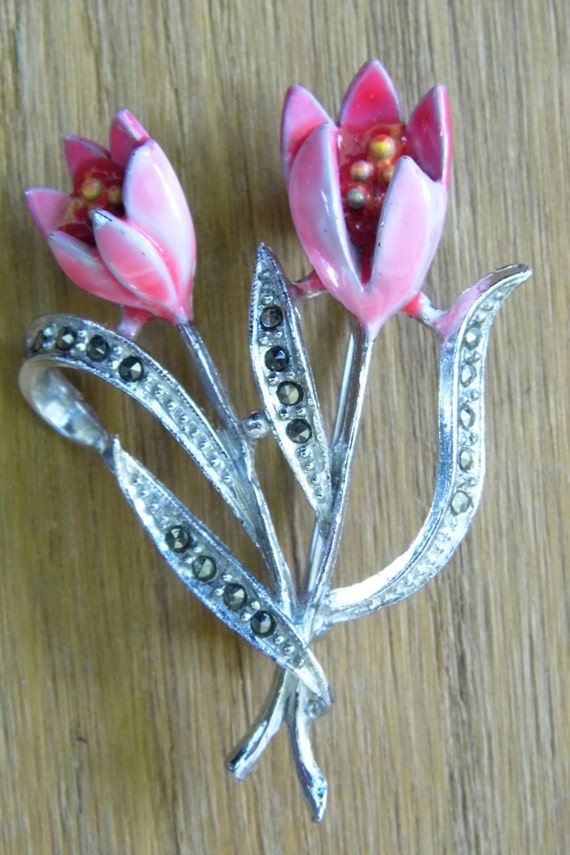 1950s pot enameled marcasite pink flower brooch/ pin