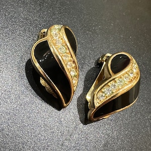 Vintage Designer Christian Dior Gold plated crystal and black enamelled clip on leaf earrings