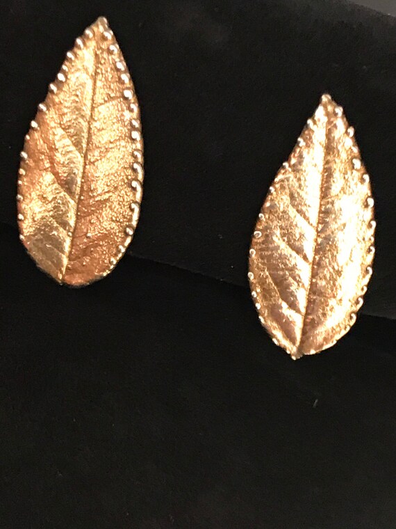 Vintage Sterling silver gold wash Clip on earrings signed Eggert Denmark leaf shaped