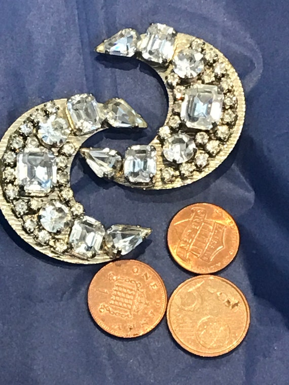 Unusual oversized diamanté crescent clip on earrings statement piece earrings