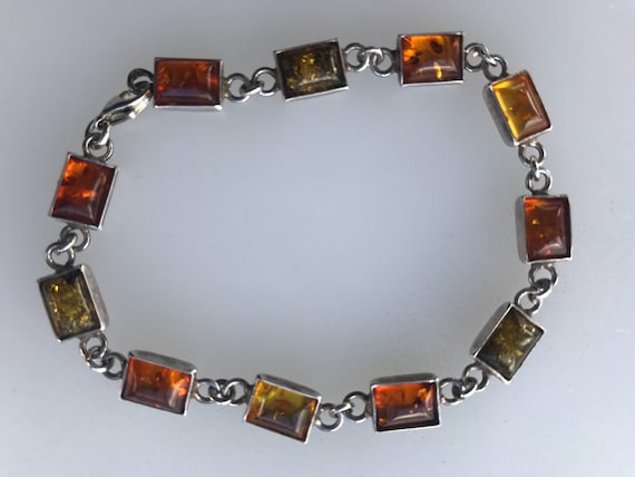 Cognac,green and yellow Baltic Amber 925 silver bracelet