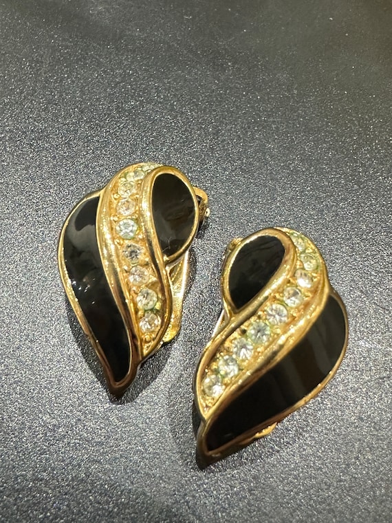Vintage Designer Christian Dior Gold plated crystal and black enamelled clip on leaf earrings