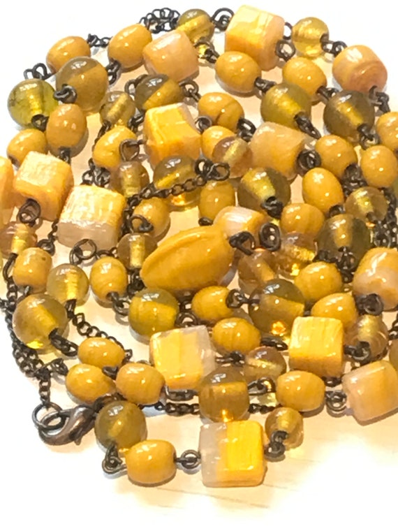 Beautiful extra long length bright yellow glass beaded chain necklace 53 inches long
