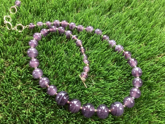 Beautiful heavy purple Amethyst coloured glass round beaded vintage necklace  by MONET