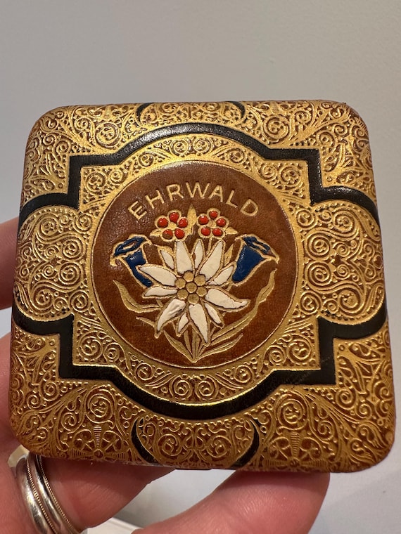 Vintage Tooled Leather Powder Compact: Gilded Ehrwald Austria Souvenir