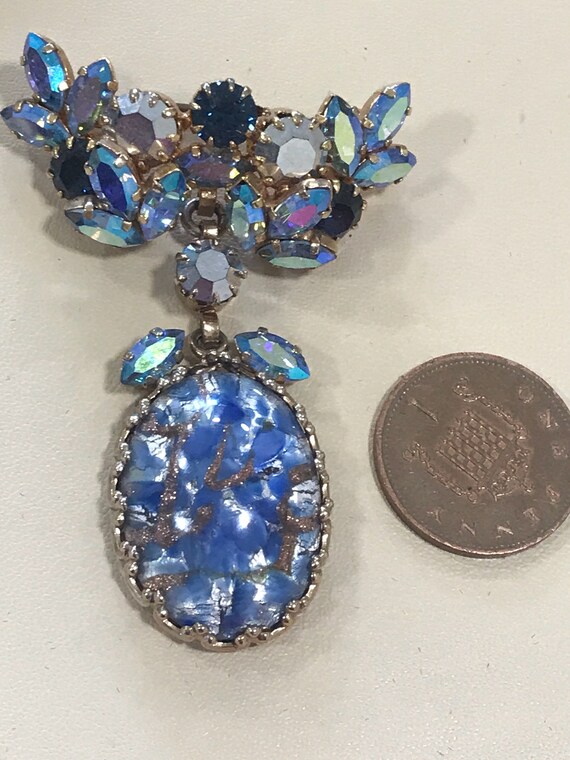 Beautiful Aurora Borealis rhinestone and foil glass blue brooch