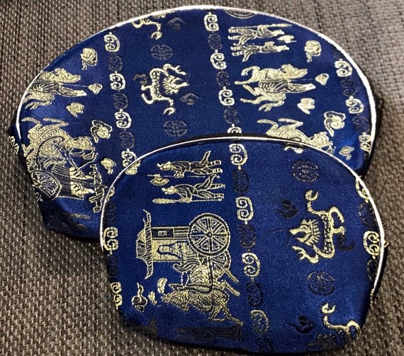 Matching vintage Chinese blue silk patterned cosmetics bag and coin pouch excellent condition