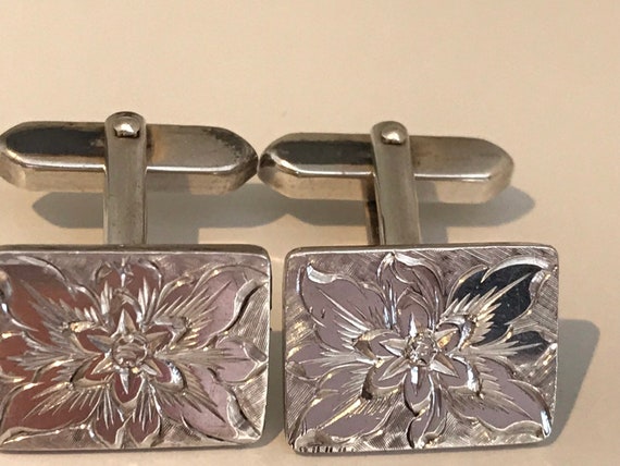Stunning vintage solid silver unisex floral etched 835 silver cufflinks