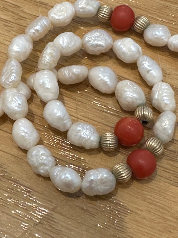 Fresh water Pearl necklace with coral beads and 14k gold filled beads 18 inches in length