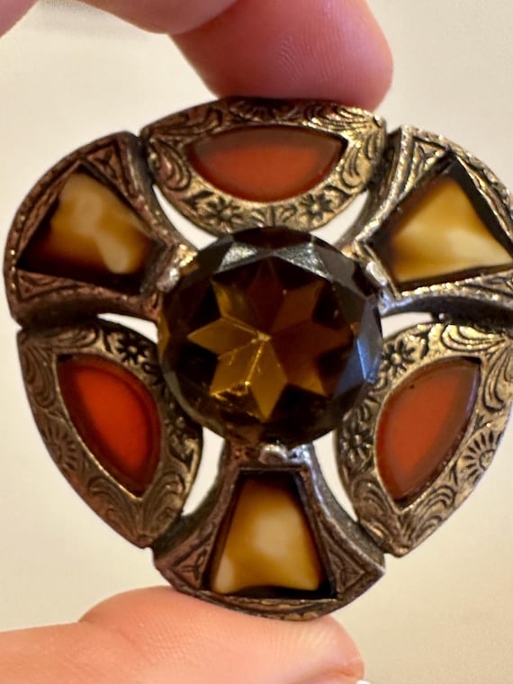A striking Celtic style vintage faux agate statement piece brooch pin by MIRACLE.