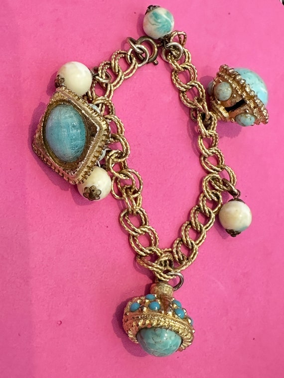 Vintage gold plated chunky charm bracelet with la… - image 3